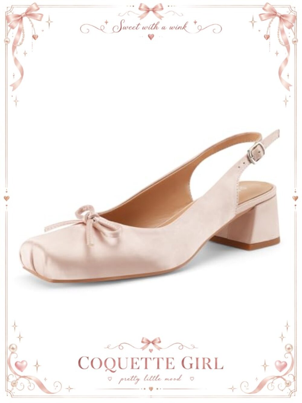 Satin Slingback Heels Square Toe Chunky Heel Pumps with Bow